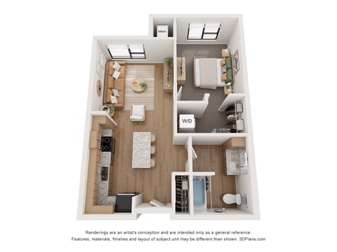 Floor plan for 1 bed, 1 bath, 722 sqft